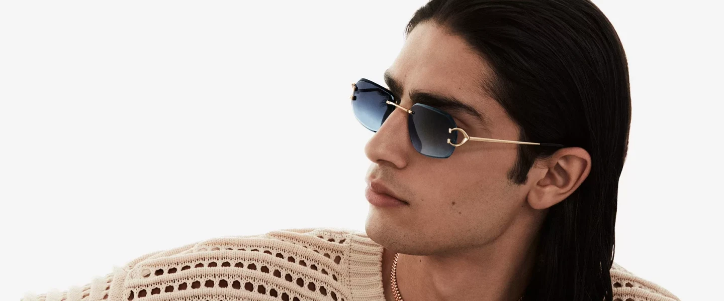Cartier randlose Sonnenbrille für Herren mit goldenen Bügeln und blauen Verlaufsgläsern
