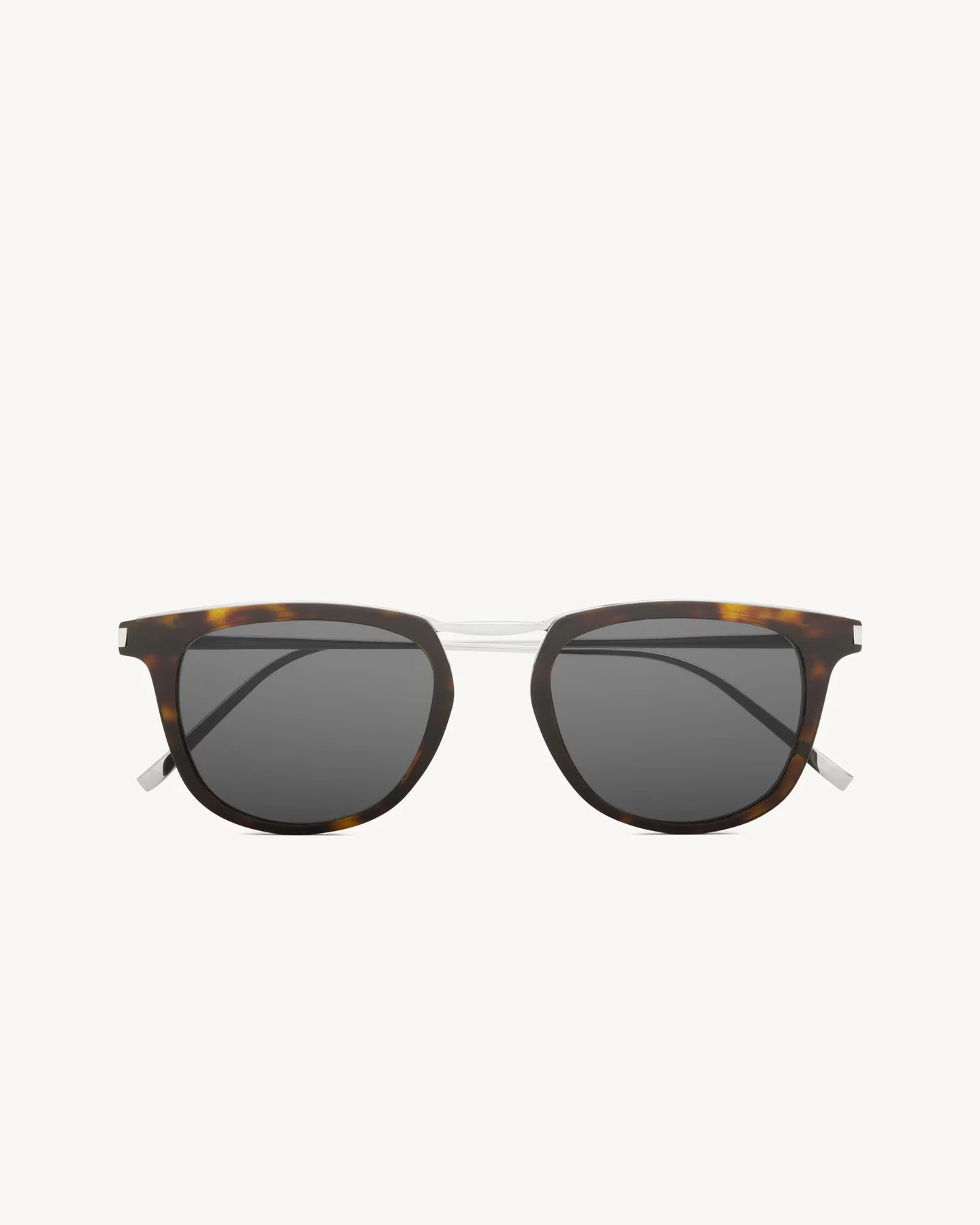 Frontalansicht Schwarz Braun Saint Laurent SL 753 Brille Herren auf weißem Hintergrund mit silbernem Steg