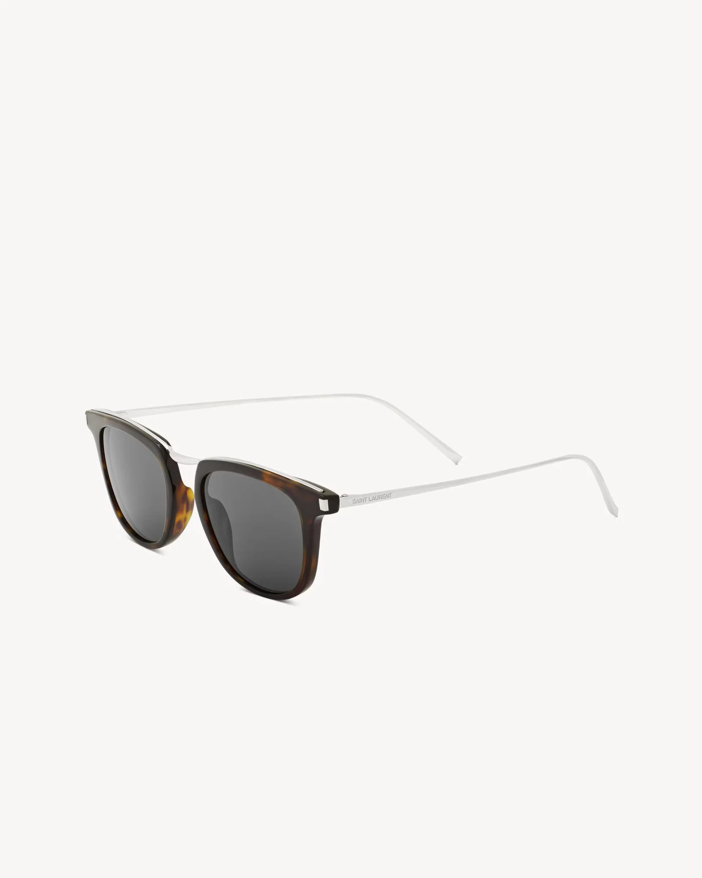 Gesamtansicht Schwarz Braun Saint Laurent SL 753 Brille Herren auf weißem Hintergrund mit silbernem Steg