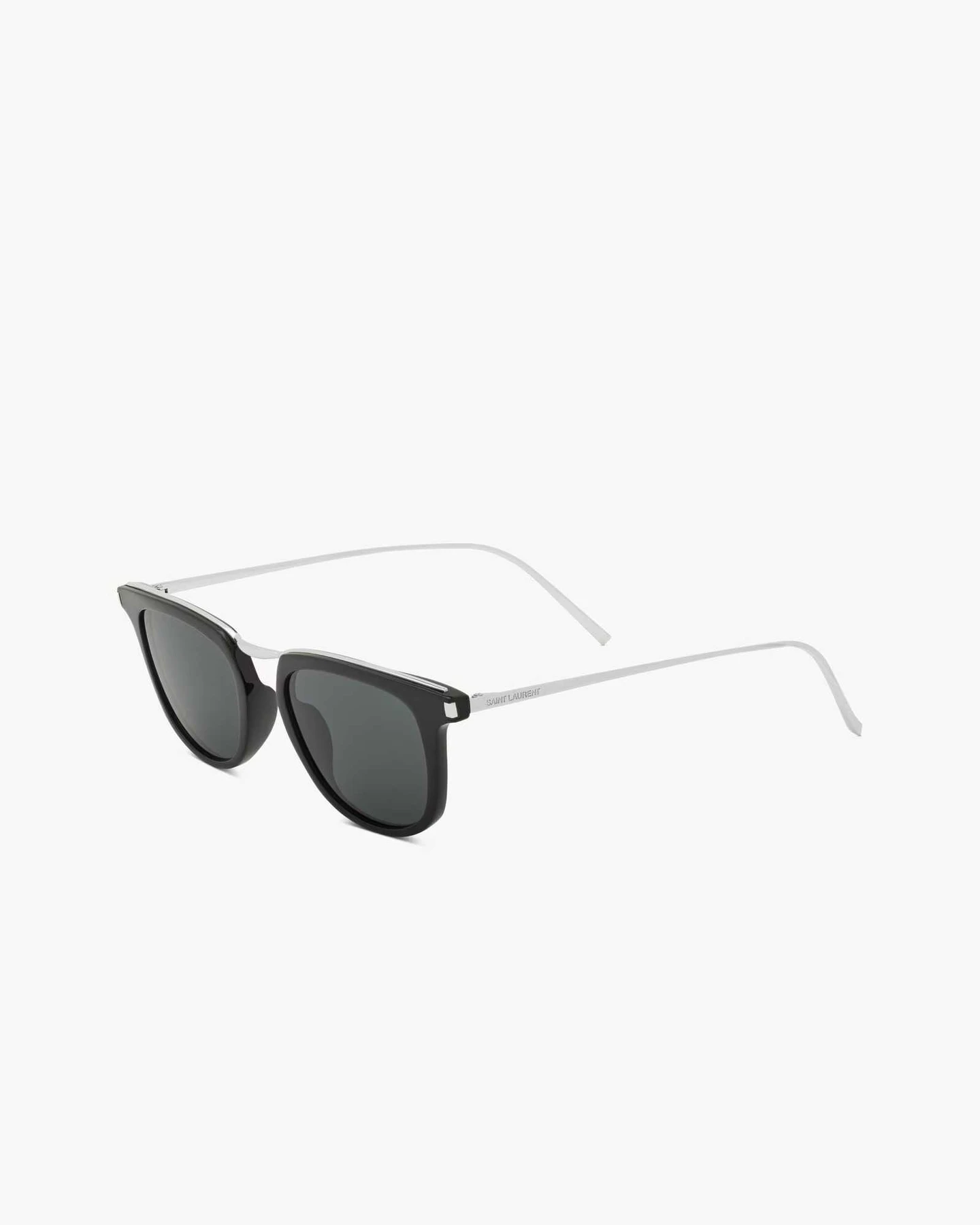 Gesamtansicht Schwarze Saint Laurent SL 753 Brille Herren auf weißem Hintergrund mit silbernem Steg
